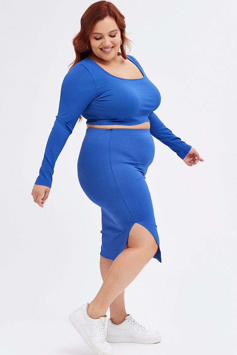 Blue Midi Skirt Rib Jersey Seamless Look