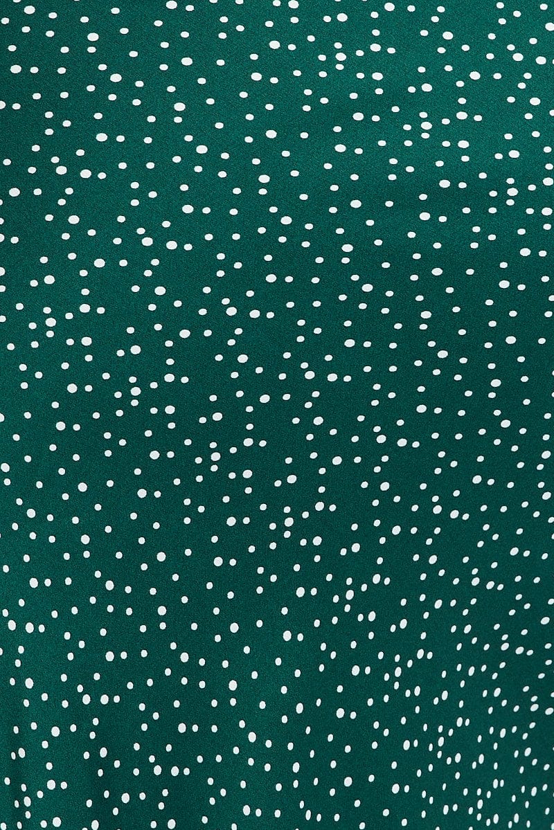 Green Polka Dot Satin Slip Skirt With Split
