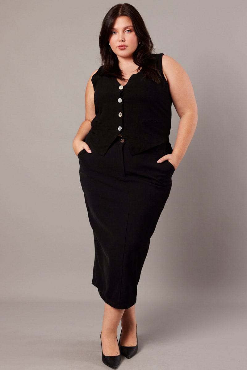Black Tailored Midi Pencil Skirt