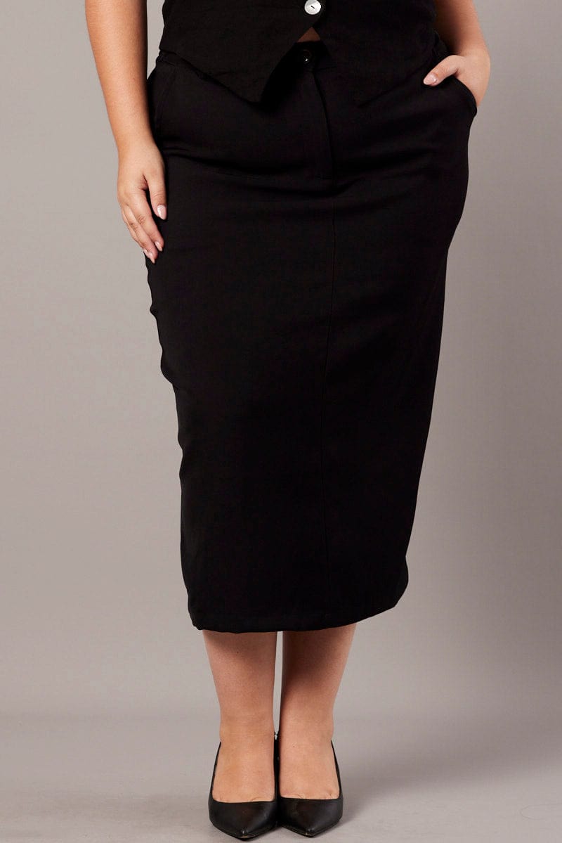 Black Tailored Midi Pencil Skirt
