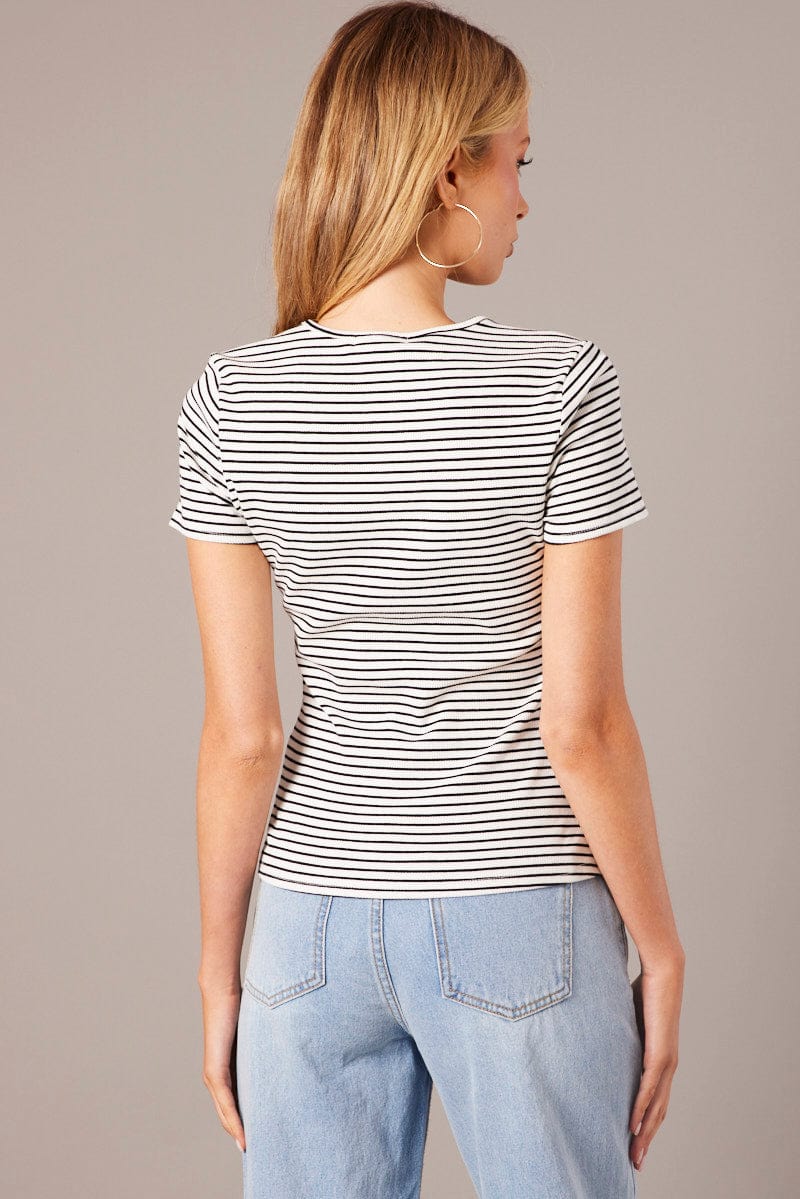 White Stripe Longline T Shirt Short Sleeve Crew Neck Rib Jersey