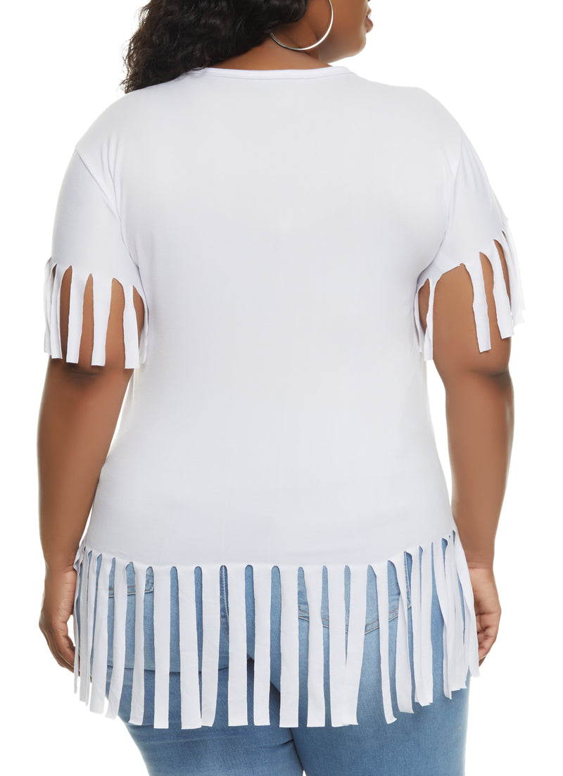Plus Size Short Sleeve Fringe Hem T Shirt