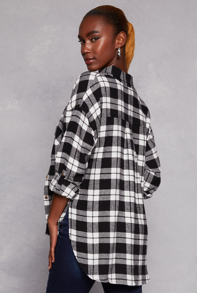 Tabbed Sleeve Plaid Flannel Shirt