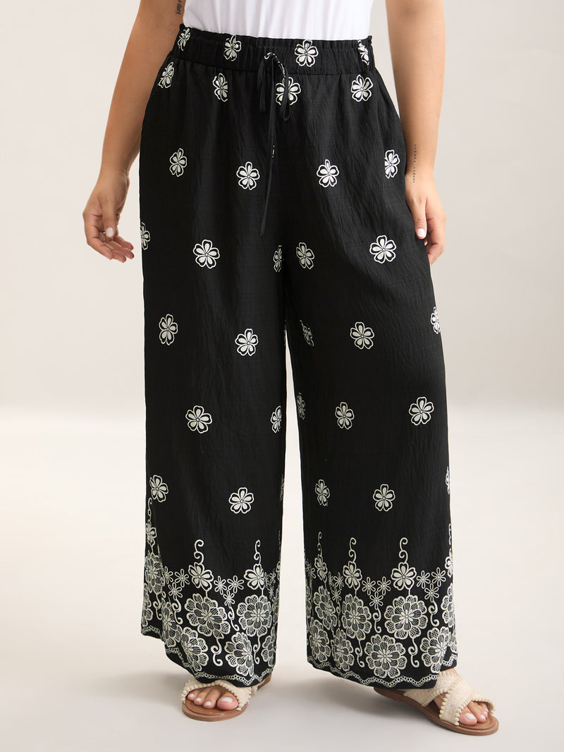Boho Print Drawstring Wide-Leg Pants