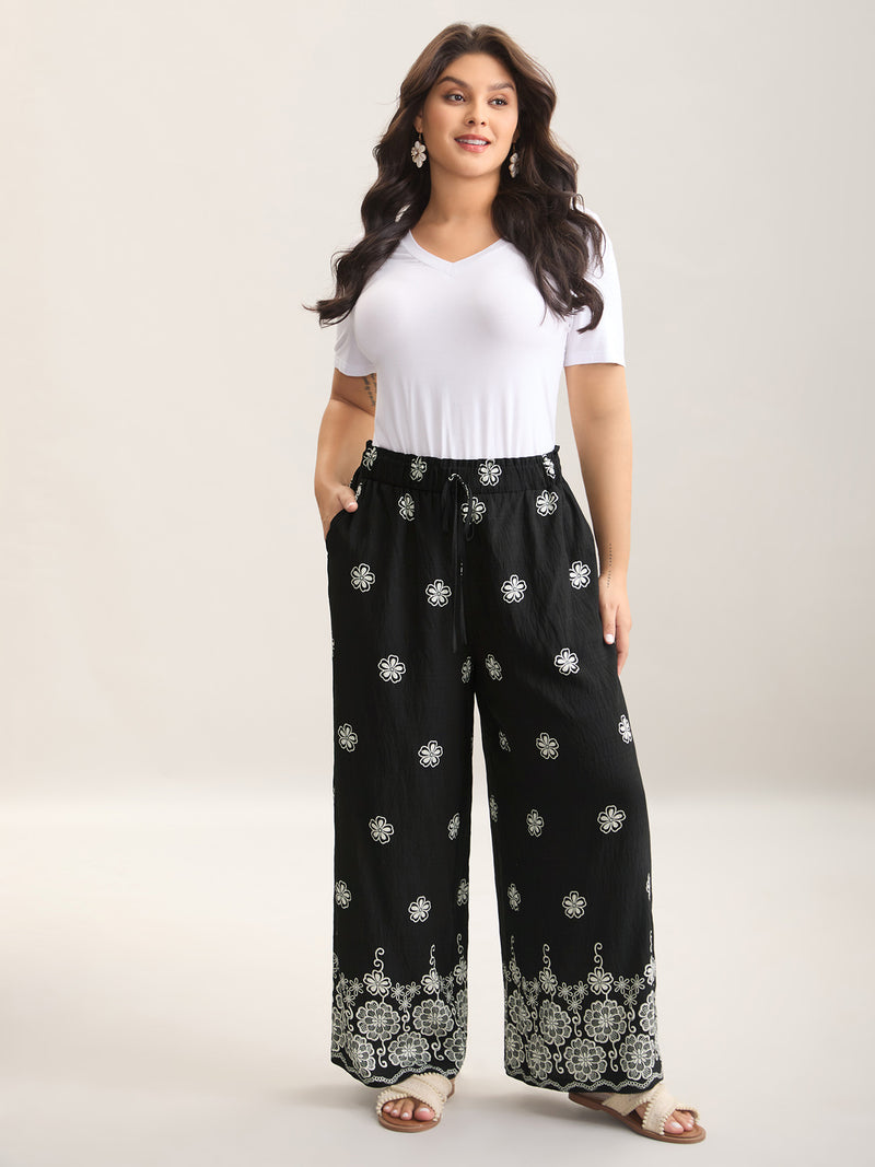 Boho Print Drawstring Wide-Leg Pants