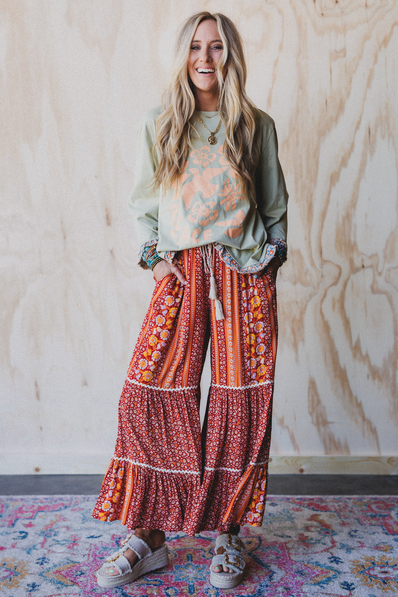 Kate Printed Wide Leg Pants - Red