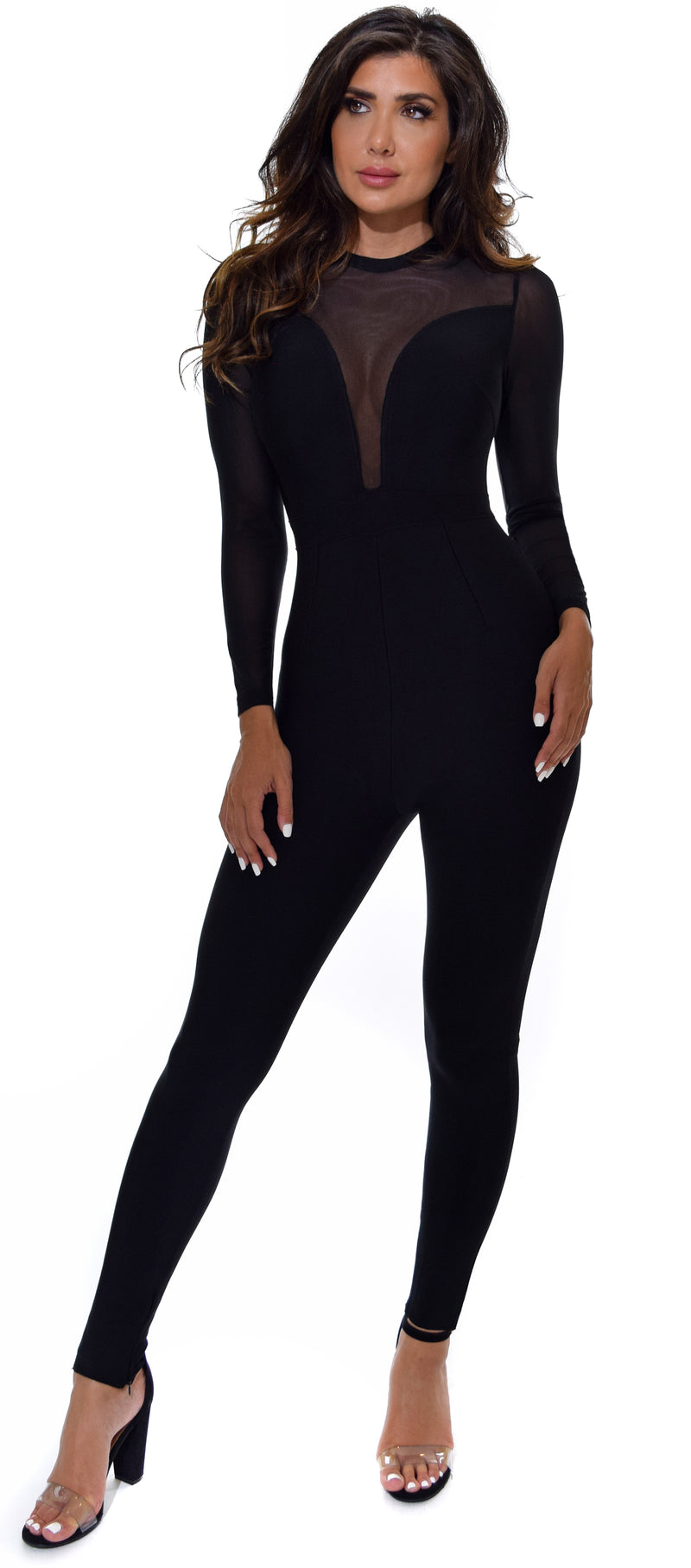 Gaetana Black Mesh Long Sleeve Bandage Jumpsuit