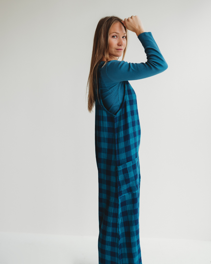 Grace Navy Check Print Reversible Wide Leg Jumpsuit