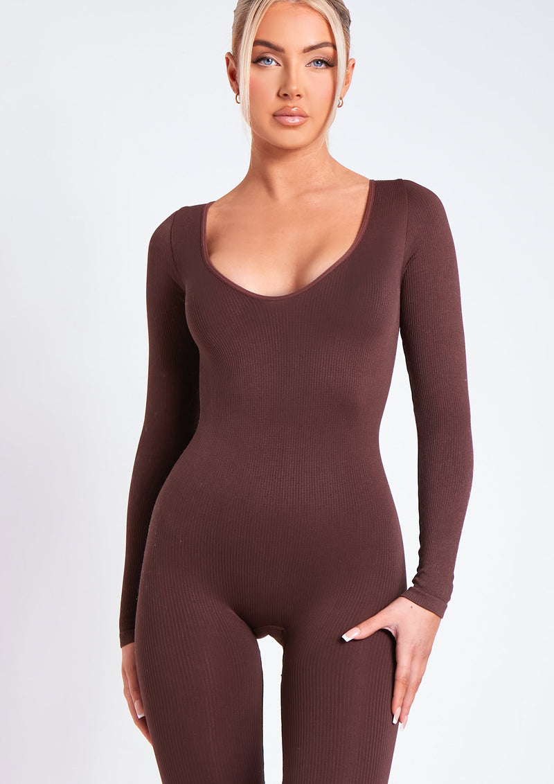 Eli Chocolate Plunge Ribbed Seamless Long Sleeve Jumpsuit
