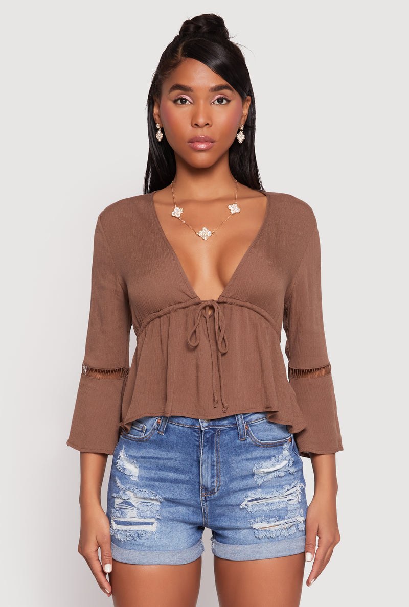 Gauze Knit Tie Front Keyhole Blouse
