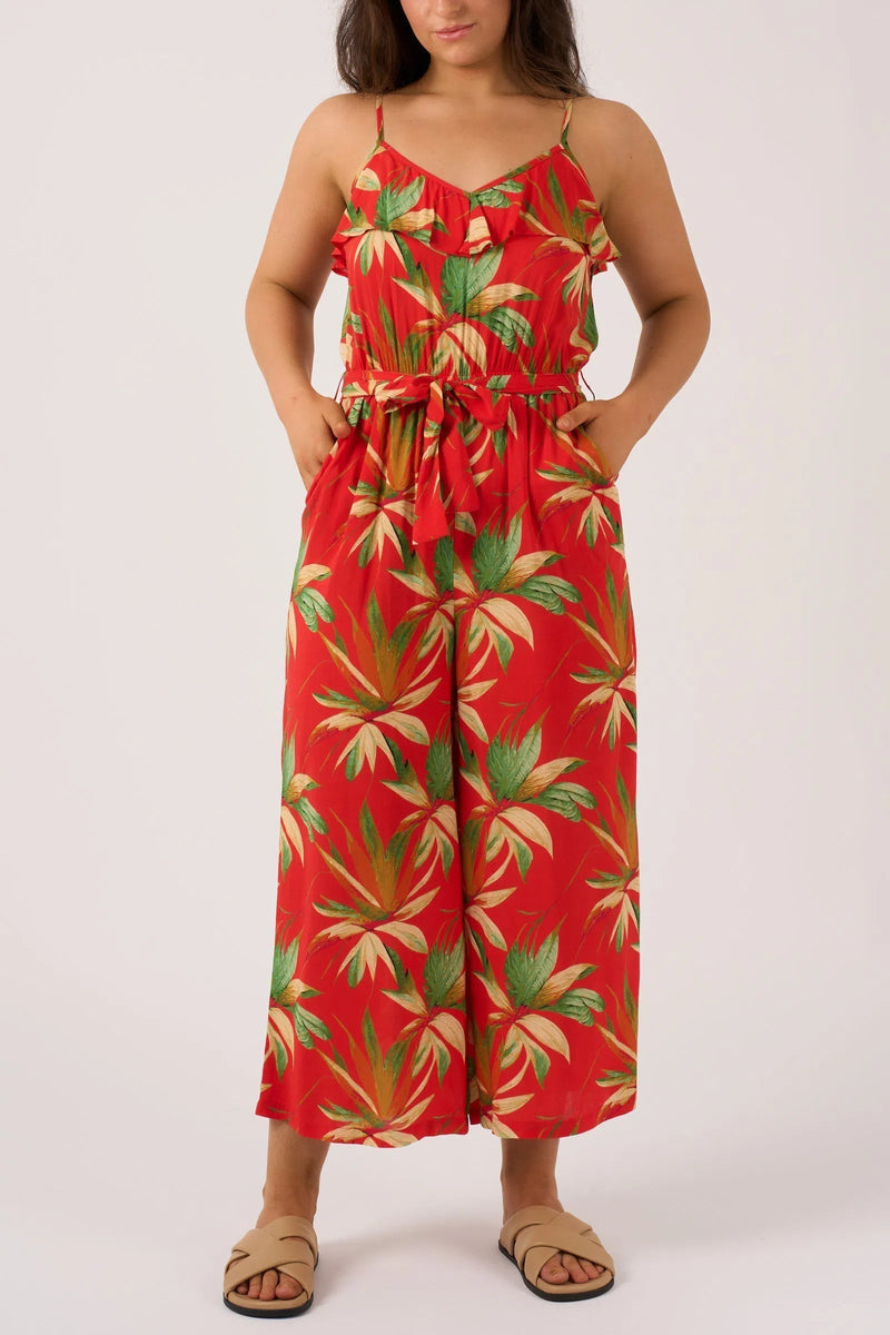 Sustainable Viscose Frill Jumpsuit - Flame Tropico