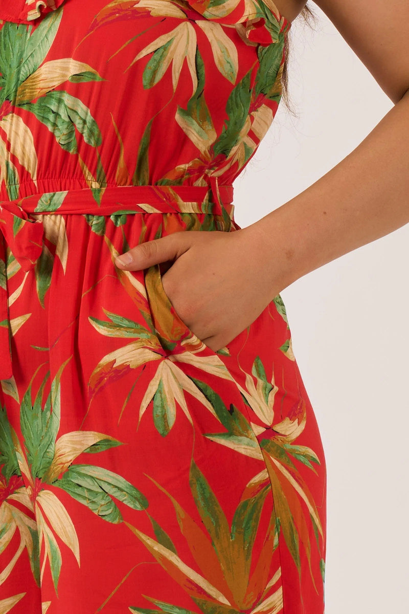 Sustainable Viscose Frill Jumpsuit - Flame Tropico