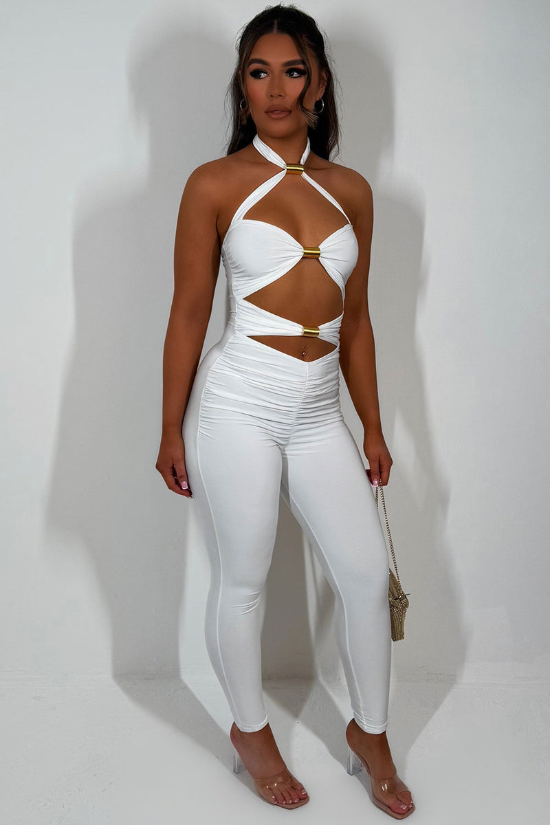 Cut Out Jumpsuit With Gold Metal Detail White