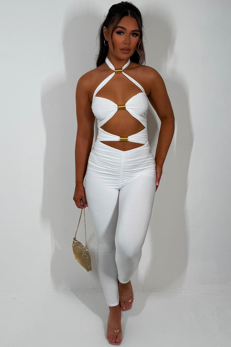 Cut Out Jumpsuit With Gold Metal Detail White