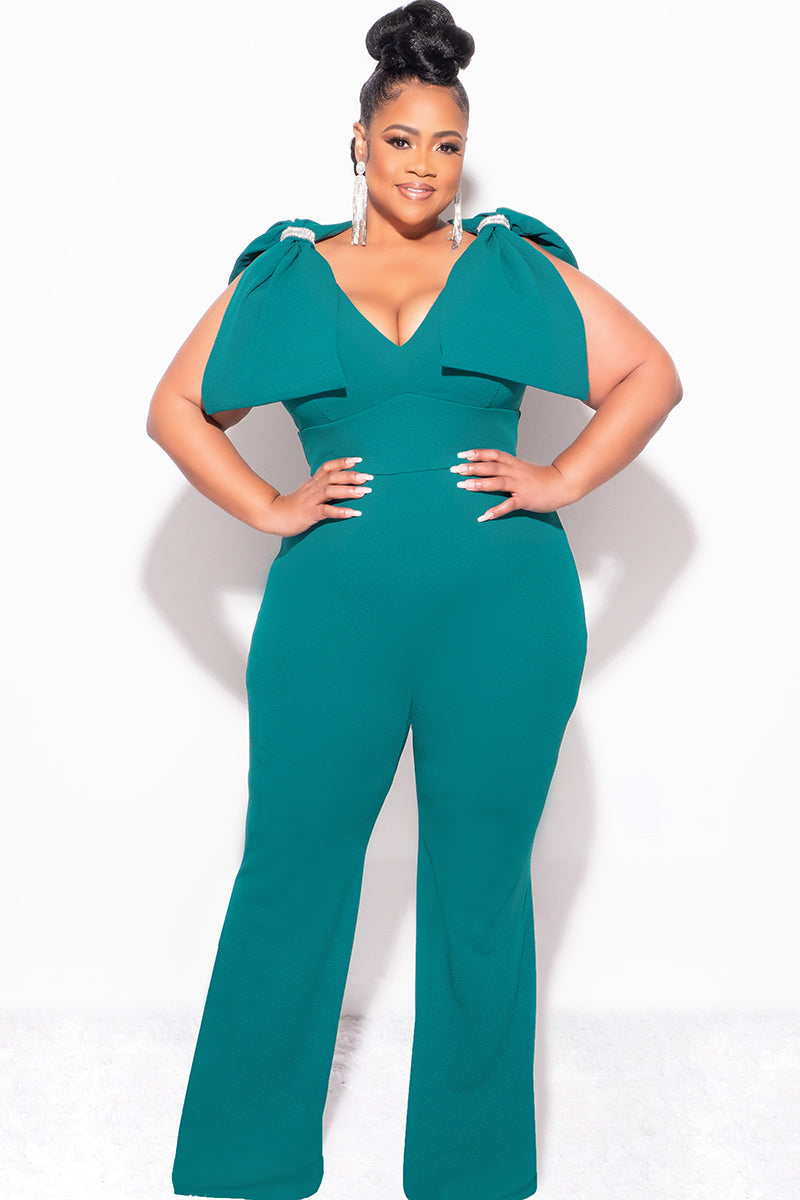 Final Sale Plus Size Jumpsuit with Bow on Shoulders in Green