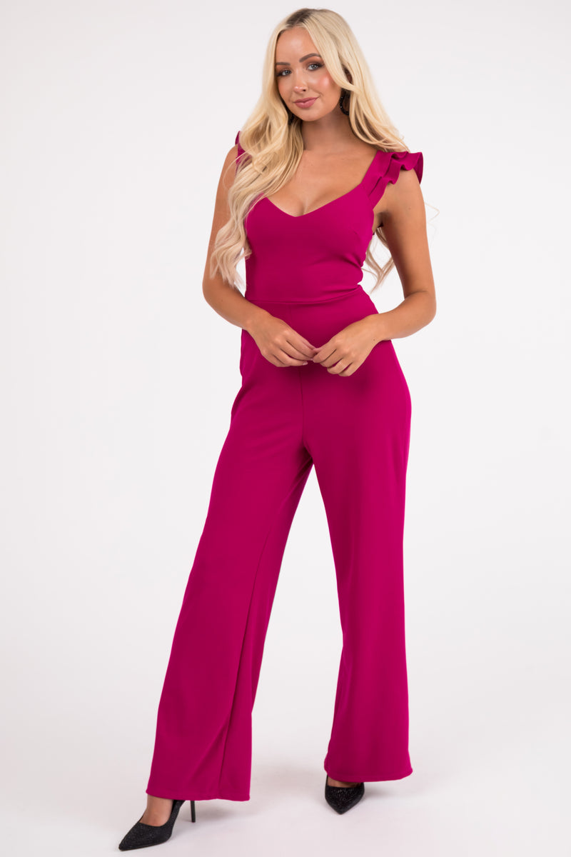 Lila Mulberry Ruffle Cap Sleeve Open Tie Back Jumpsuit