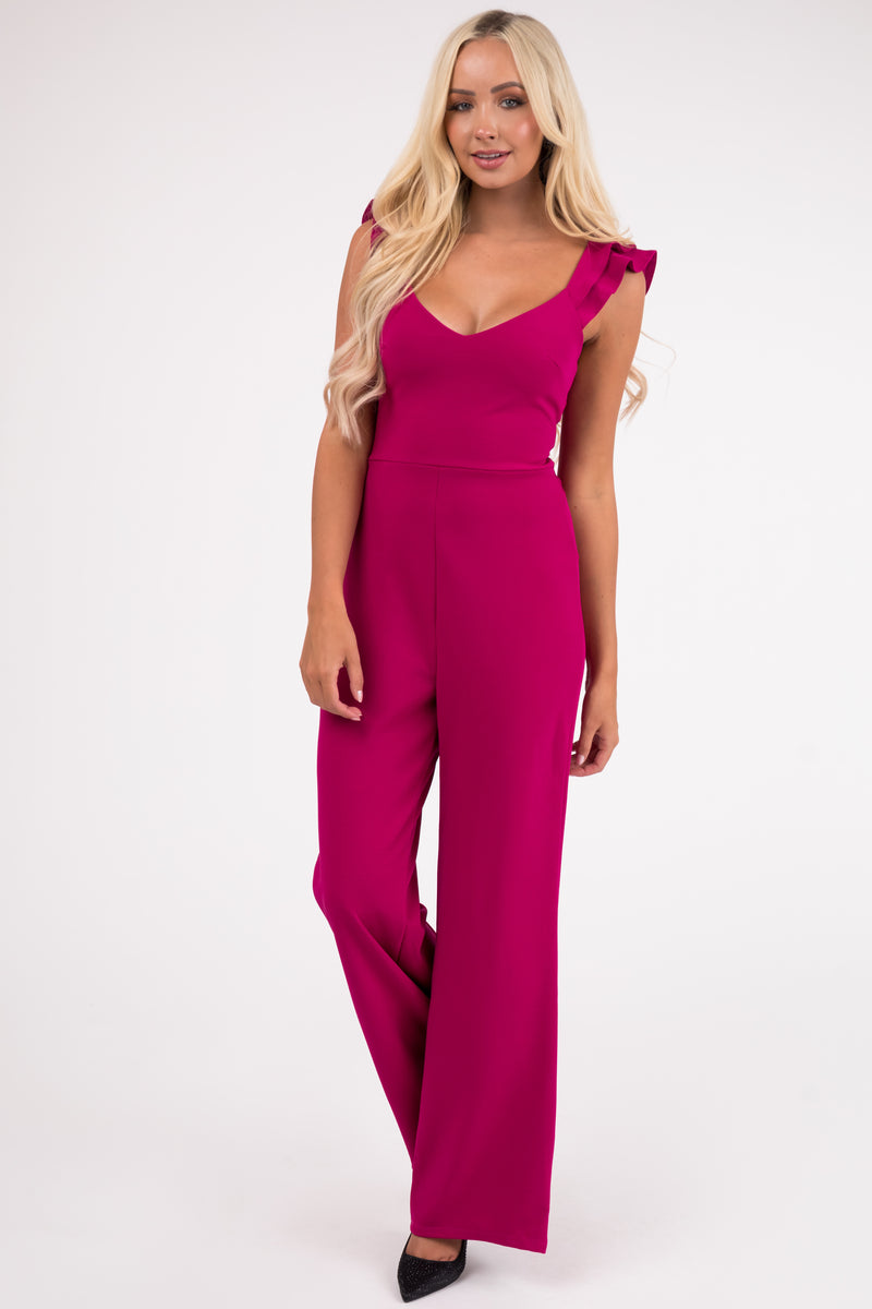 Lila Mulberry Ruffle Cap Sleeve Open Tie Back Jumpsuit