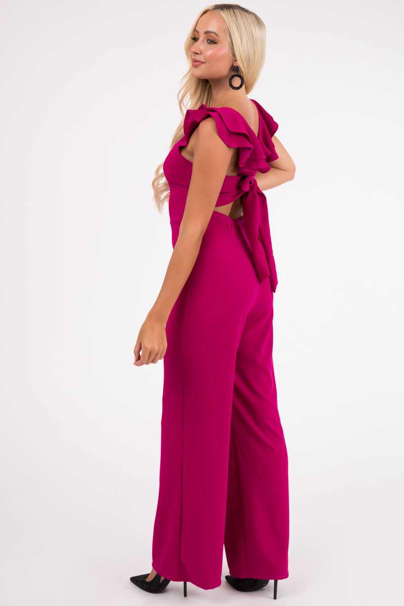 Lila Mulberry Ruffle Cap Sleeve Open Tie Back Jumpsuit