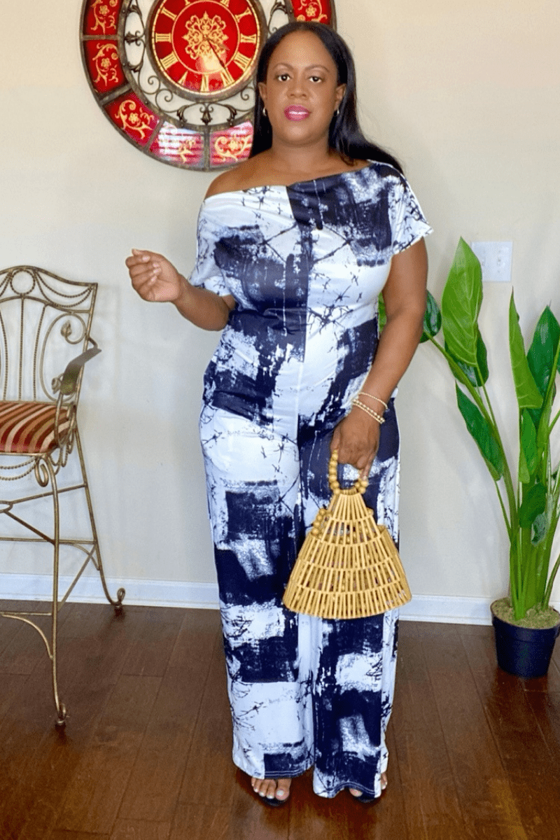 Jenni Wide Leg Off the Shoulder Tie Dye Print Jumpsuit (Black)- Final Sale
