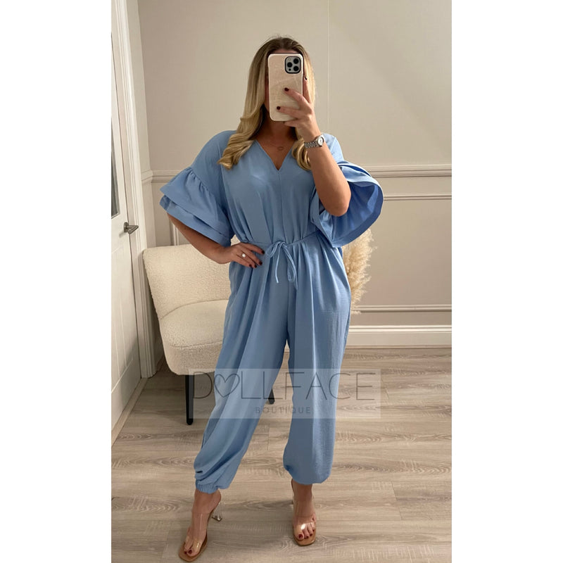 CARMEN Ruffle Sleeve Baby Blue Jumpsuit