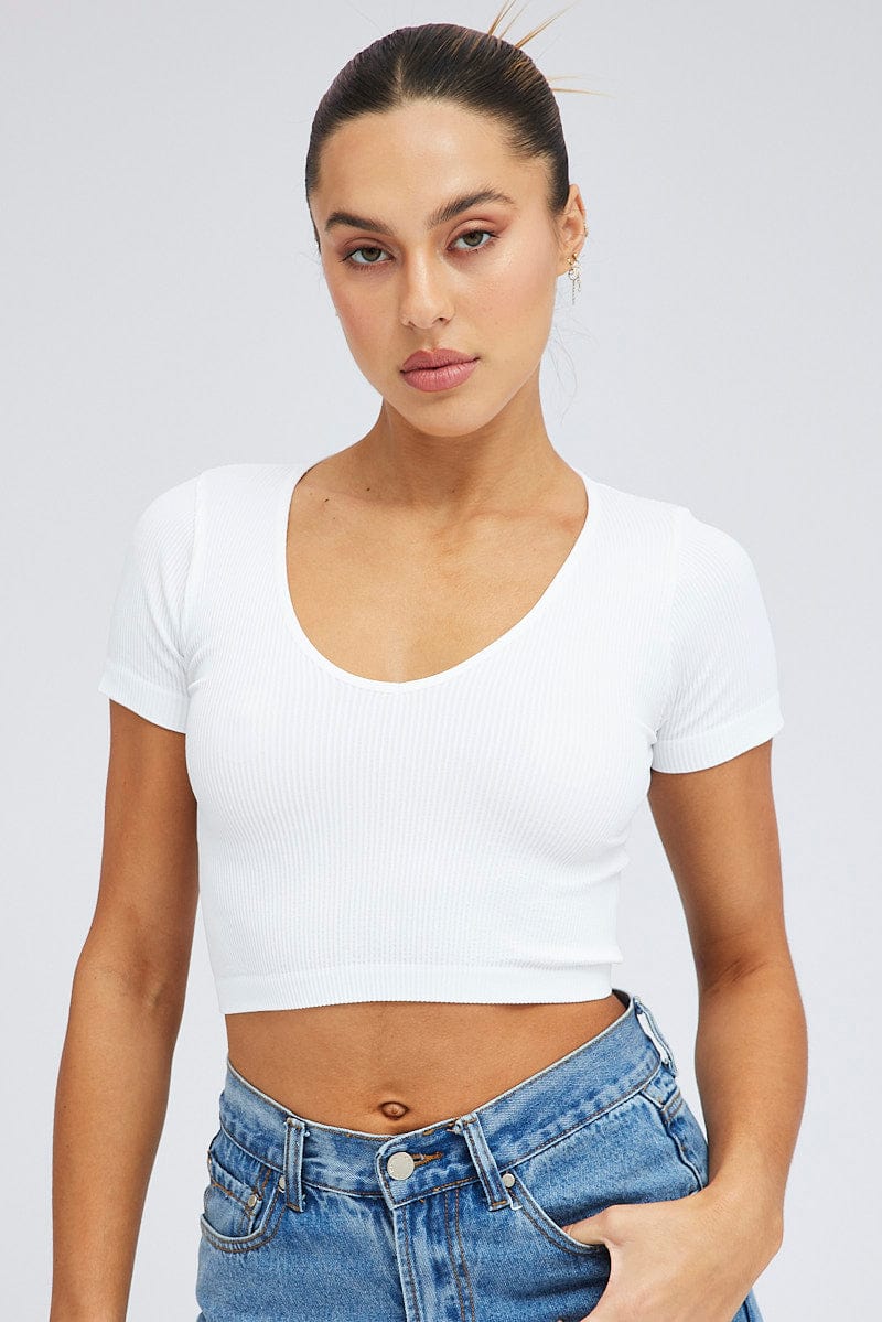 White T Shirt Short Sleeve V Neck Seamless