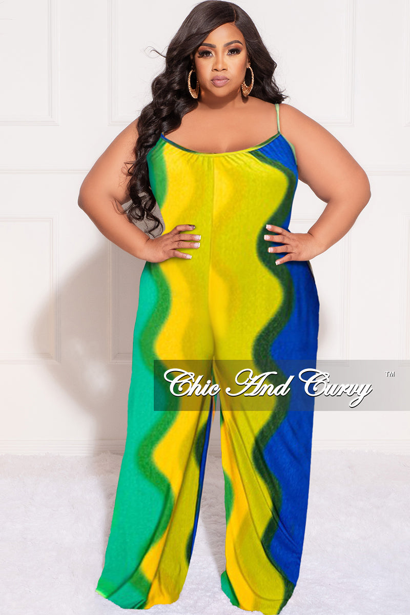 Final Sale Plus Size Spaghetti Straps Jumpsuit in Yellow, Orange, Royal Blue and Green