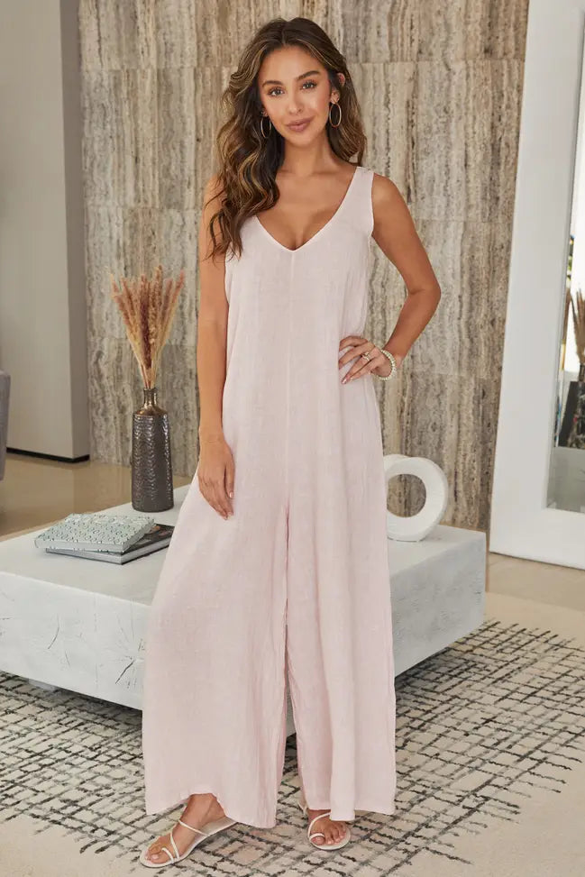 V-Neck Linen Jumpsuit Sleeveless - Blush