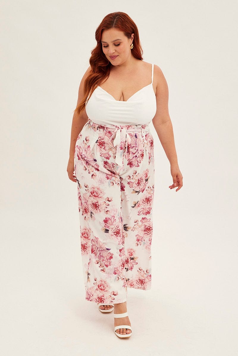 Pink Floral Jumpsuit Sleeveless Cowl Neck Wide Leg