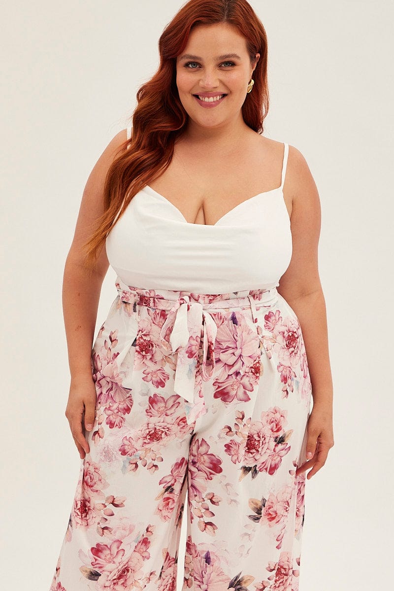 Pink Floral Jumpsuit Sleeveless Cowl Neck Wide Leg