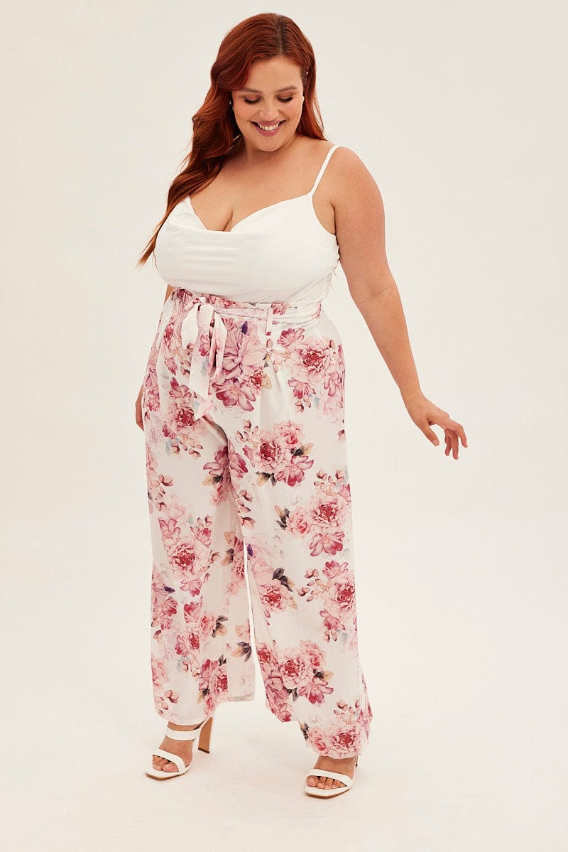 Pink Floral Jumpsuit Sleeveless Cowl Neck Wide Leg