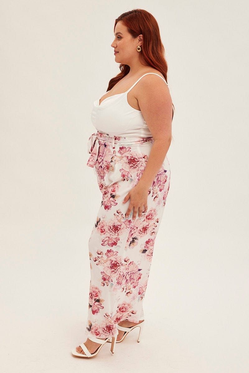 Pink Floral Jumpsuit Sleeveless Cowl Neck Wide Leg