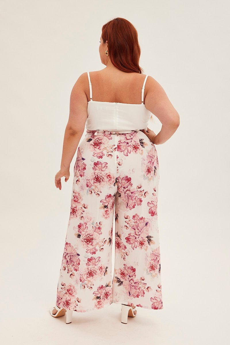Pink Floral Jumpsuit Sleeveless Cowl Neck Wide Leg