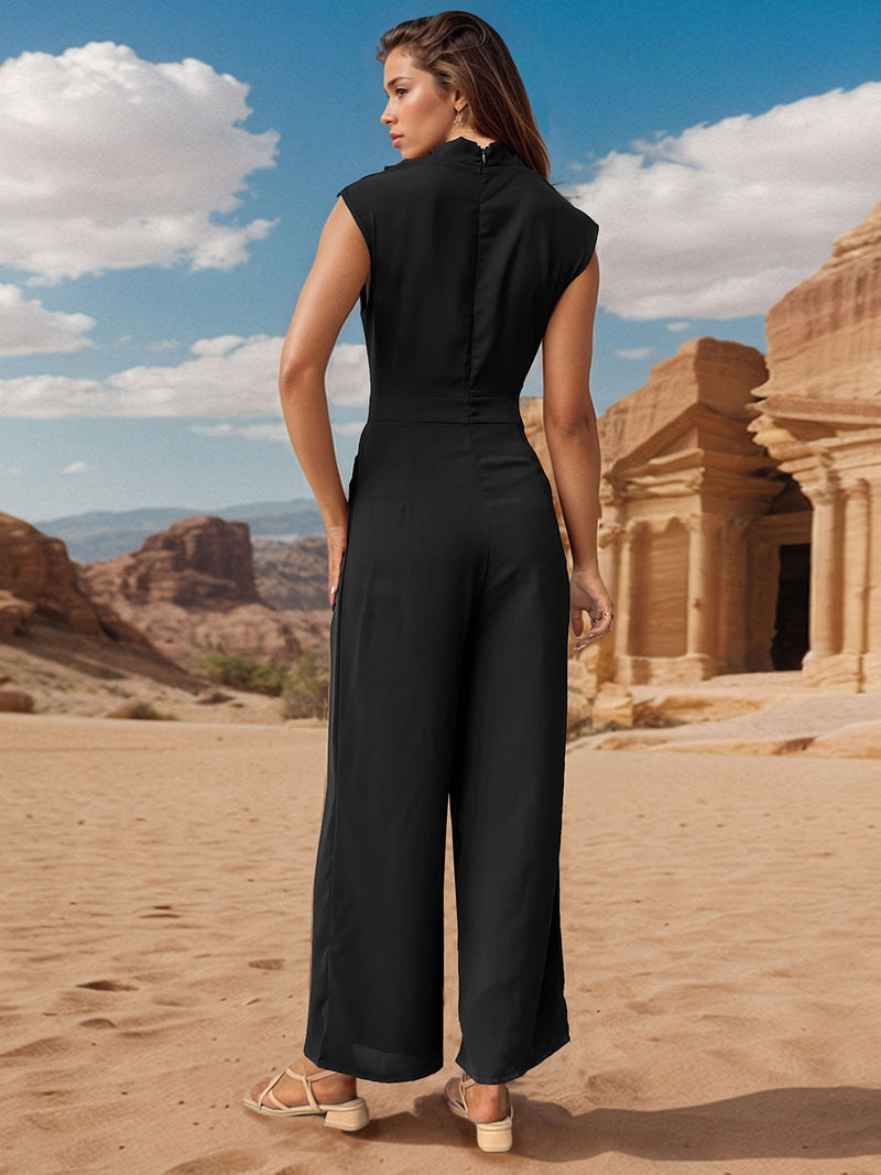Ruched Mock Neck Sleeveless Jumpsuit - Four Color Choices