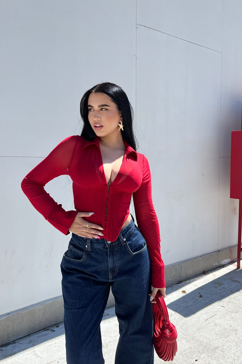 Secret's Out Mesh Corset Top - Burgundy