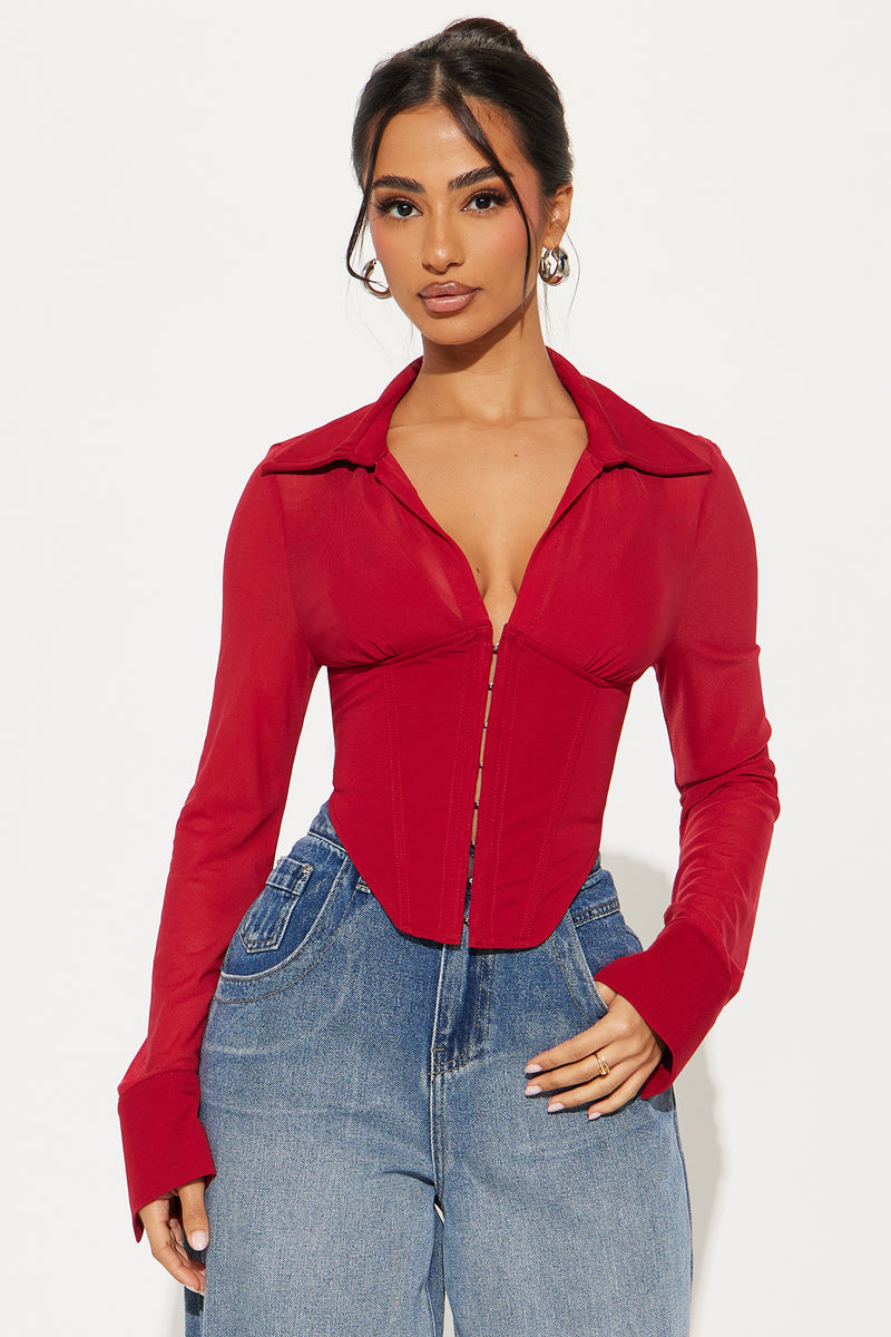 Secret's Out Mesh Corset Top - Burgundy