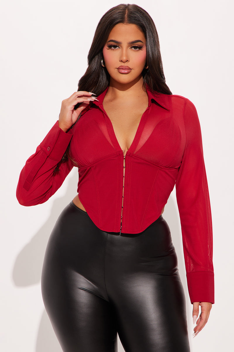 Secret's Out Mesh Corset Top - Burgundy