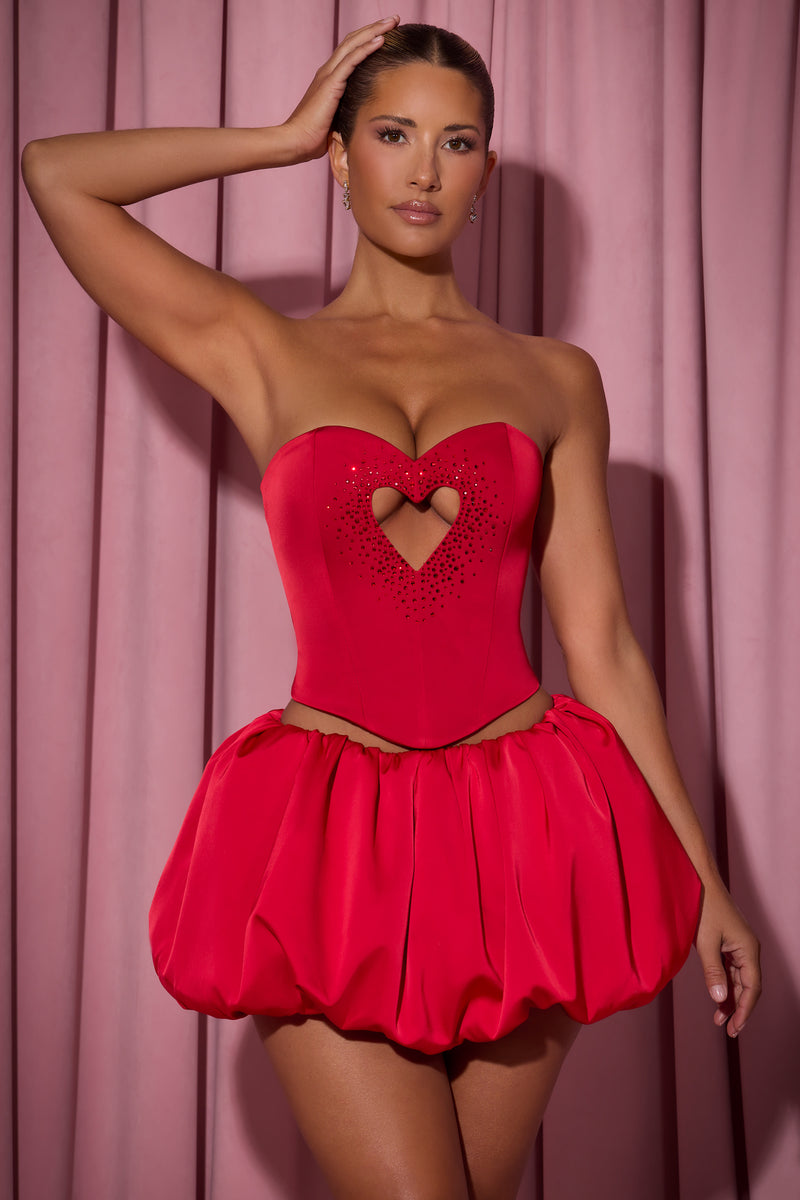 Embellished Heart Cut-Out Strapless Corset Top in Red