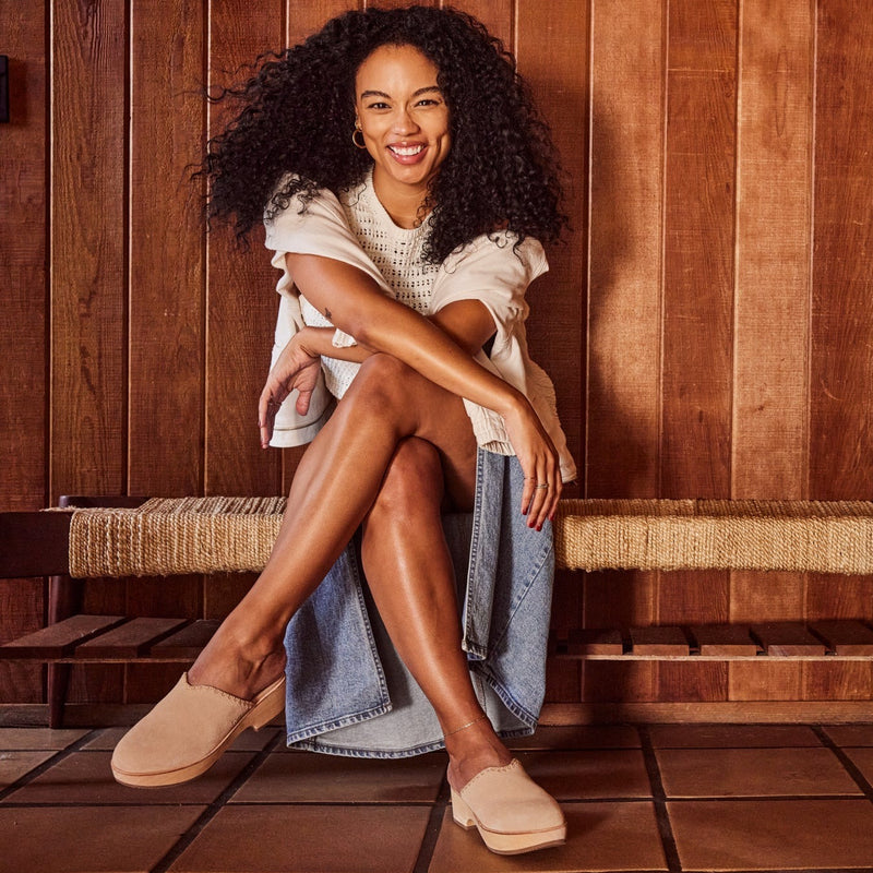 Addison Natural Suede Deco Stitch Clog Heel