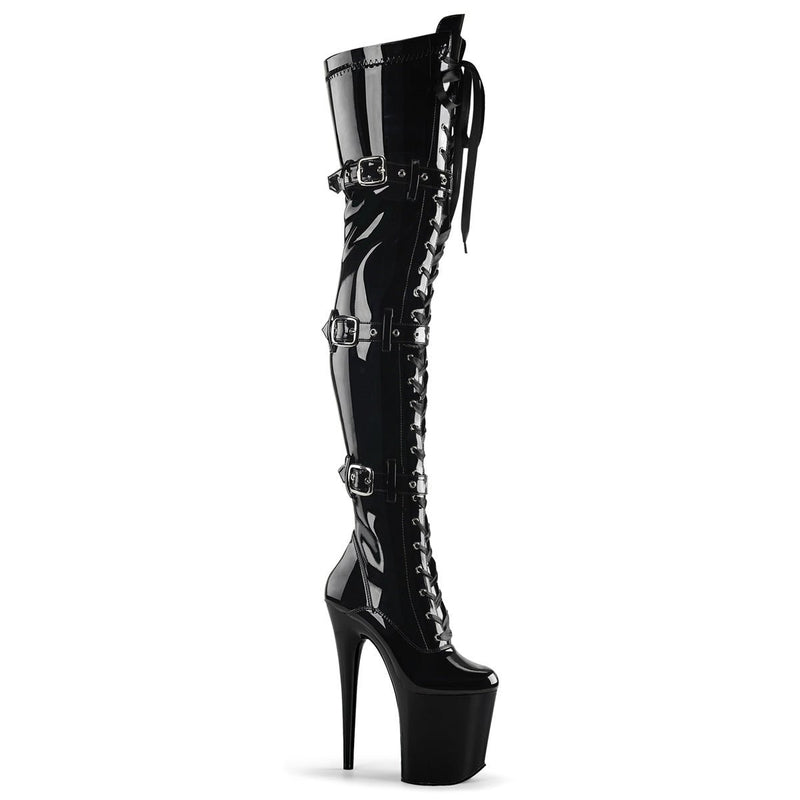 Pleaser Flamingo 3028 Womens 8 Inch Heel, Platform Front Lace, Stretch Fit Thigh-High Boots with Buckles