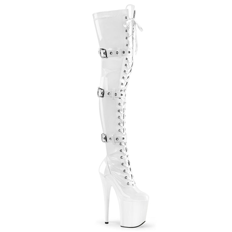 Pleaser Flamingo 3028 Womens 8 Inch Heel, Platform Front Lace, Stretch Fit Thigh-High Boots with Buckles