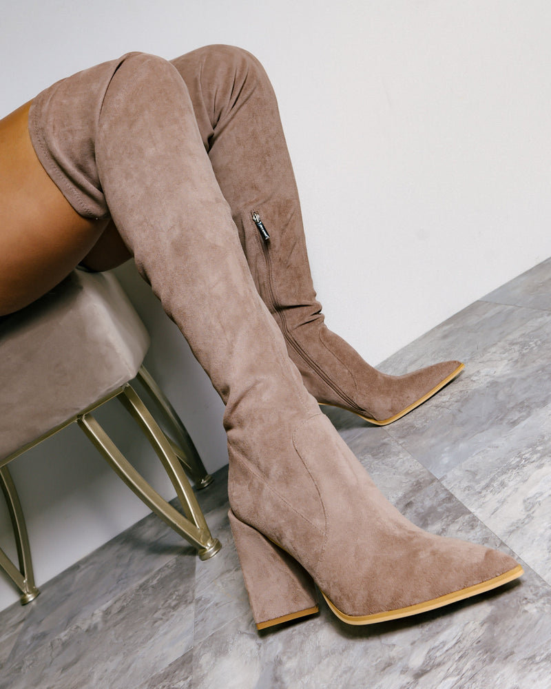 Pointed Toe Chunky Triangle Heel Thigh High Boots