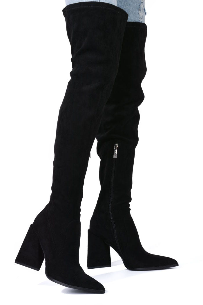 Pointed Toe Chunky Triangle Heel Thigh High Boots