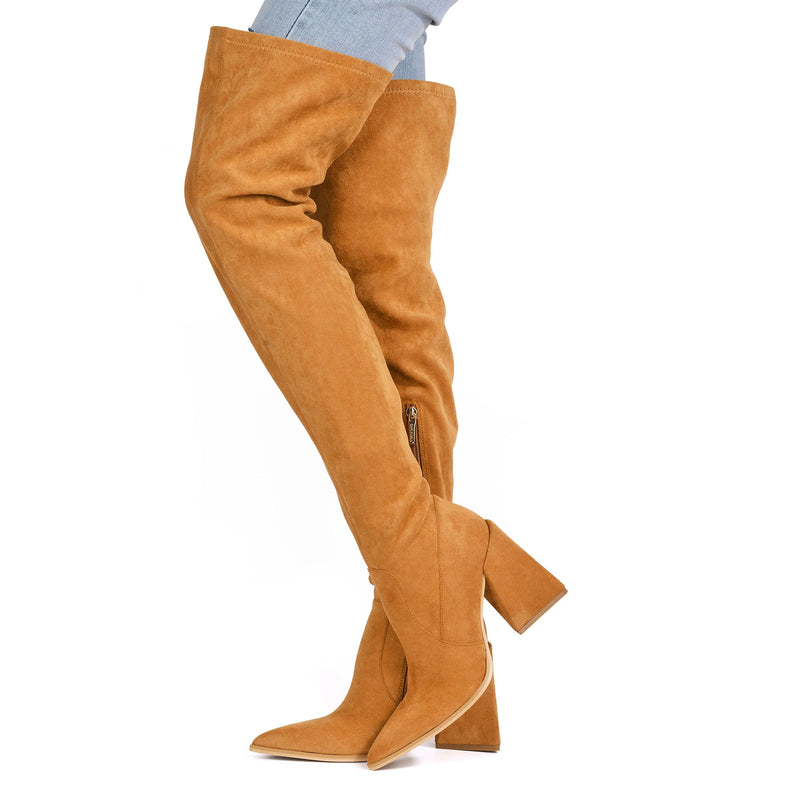 Pointed Toe Chunky Triangle Heel Thigh High Boots