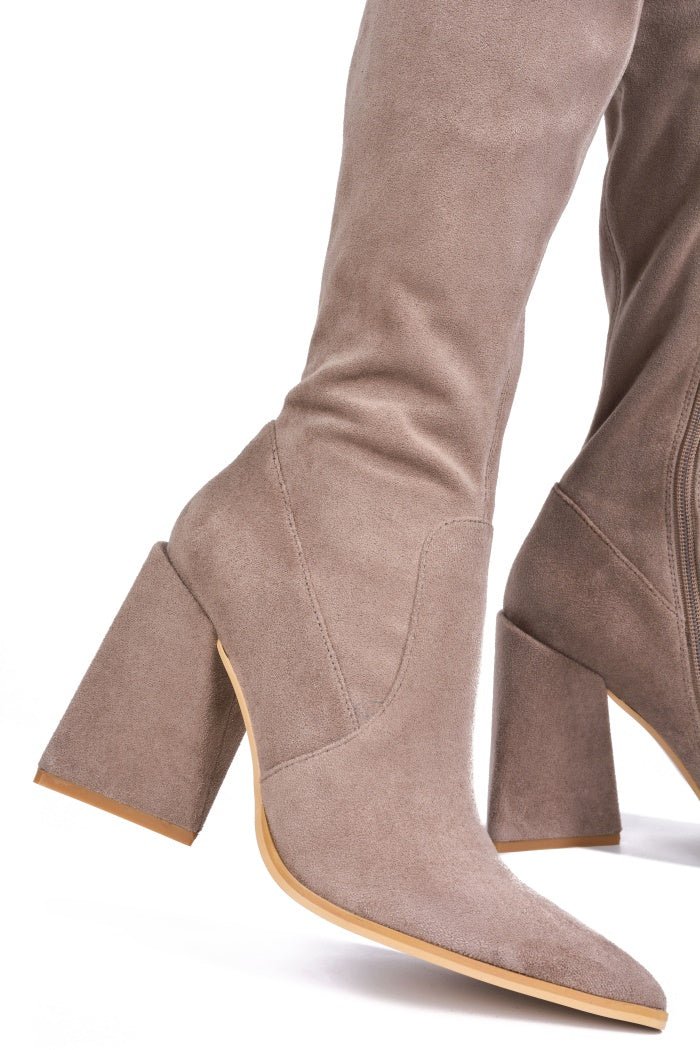 Pointed Toe Chunky Triangle Heel Thigh High Boots