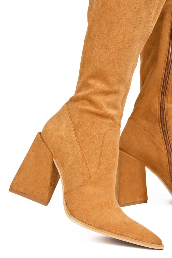 Pointed Toe Chunky Triangle Heel Thigh High Boots