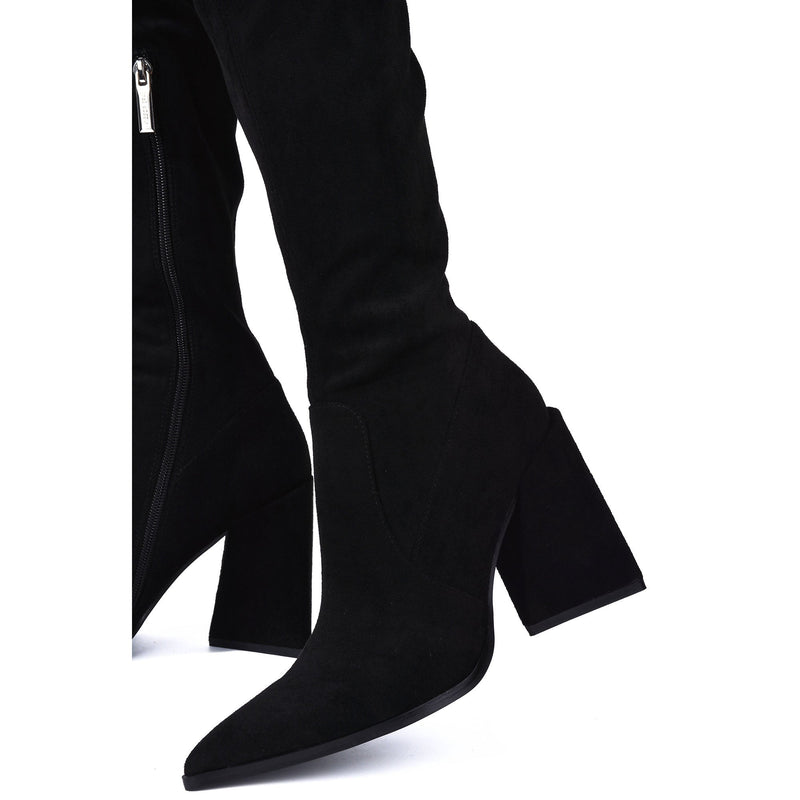 Pointed Toe Chunky Triangle Heel Thigh High Boots