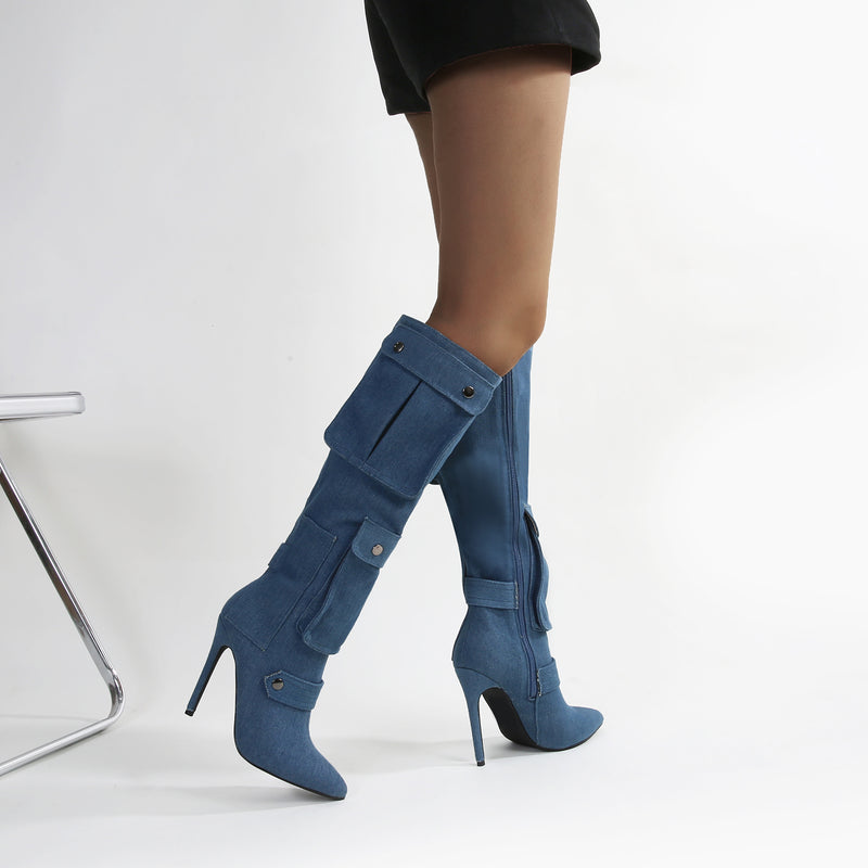 Mildred Heeled Pocket Detail Knee High Boots