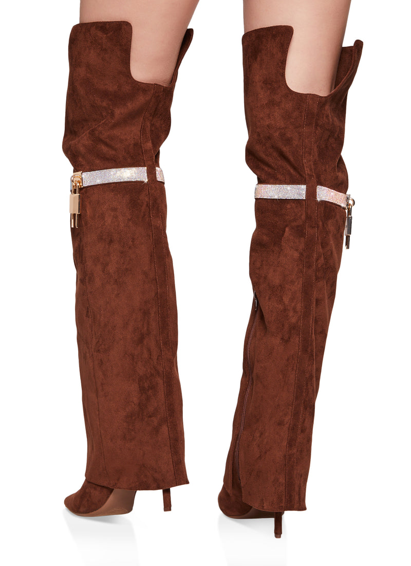 Rhinestone Lock Fold Over the Knee Boots