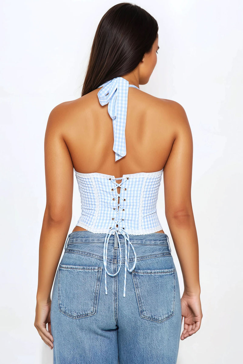Sunset Walks Gingham Corset Top - Blue/combo