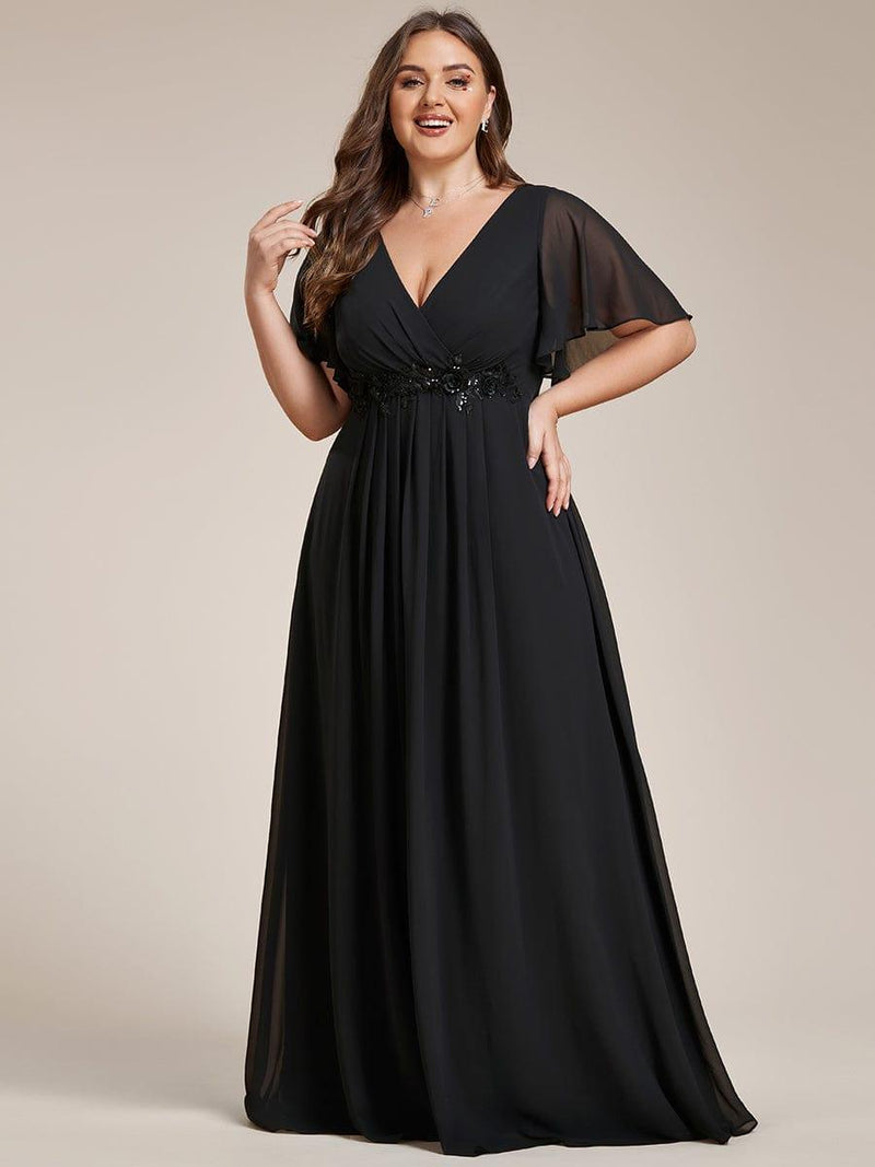 pretty IVYROSE|Plus Size Floral Applique Short Sleeve A-Line Chiffon Formal Evening Dress